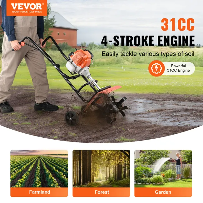 VEVOR Motobineuse Thermique à Moteur Essence 31CC à 4 Temps avec 4 Dents Avant Réglables en Grandes Roues Installation Facile Cultivateur pour Potager – Image 8