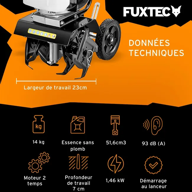 FUXTEC FX-AF152 Fraiseuse agricole, motoculteur - moteur 2 temps et largeur 23 cm, 51,6 ccm, profondeur de fraisage 70mm - seulement 14kg – Image 3