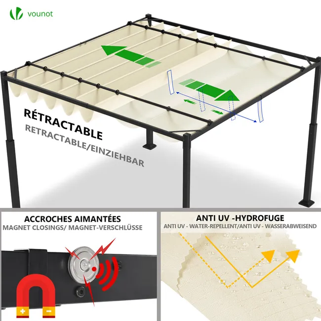 Pergola retractable 3x3m en metal et toile Polyester haute densite 180g/m2 beige – Image 5