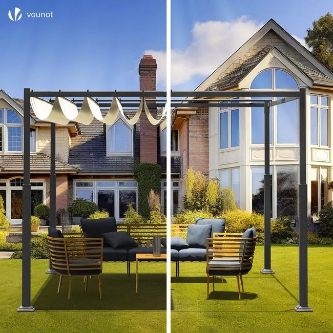 Pergola retractable 3x3m en metal et toile Polyester haute densite 180g/m2 beige – Image 2